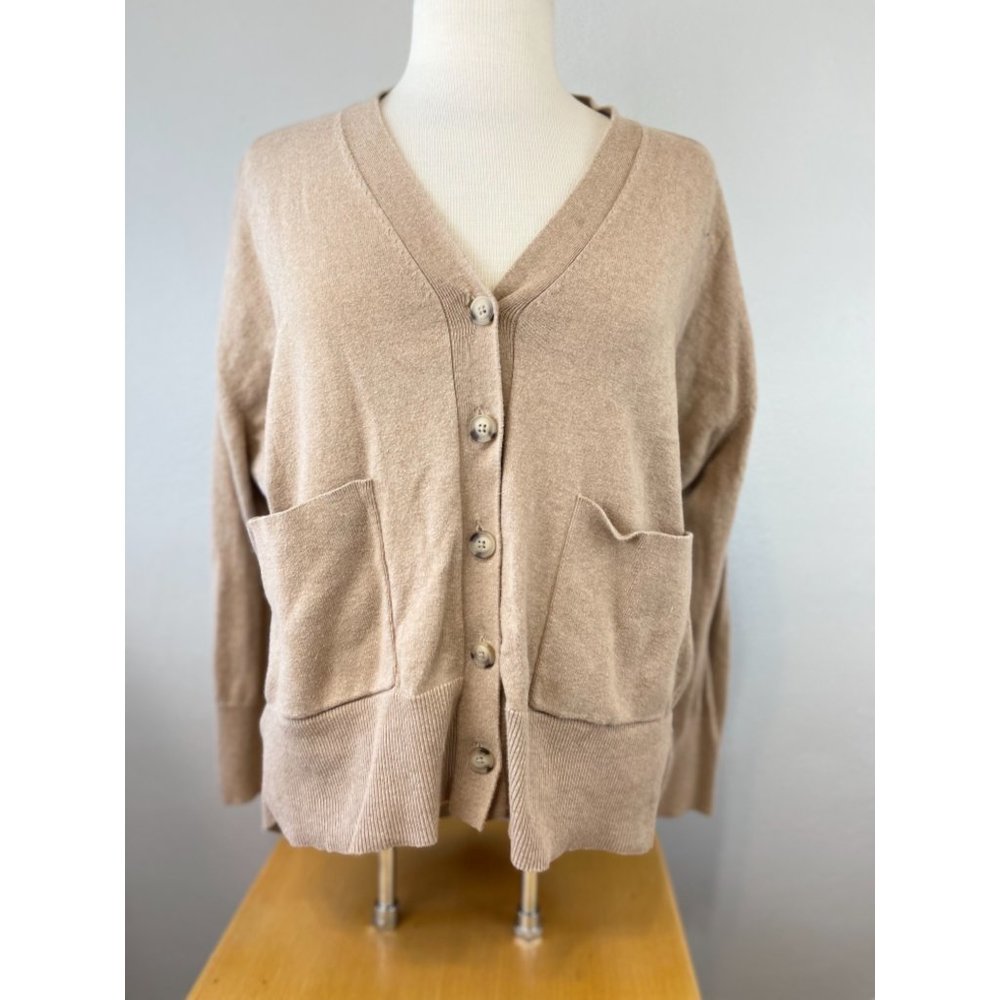 Women's Cabi Small Button Up Cardigan Sweater Tan 100% Cotton Solid Basic L/S 23